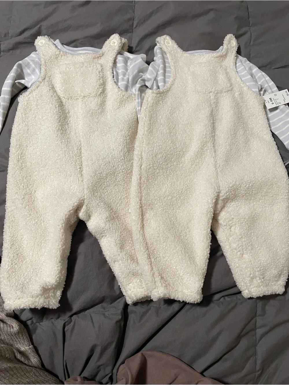2 Cloud Island Sherpa Baby Overalls w/gray/blue striped shirt size 6-9 months